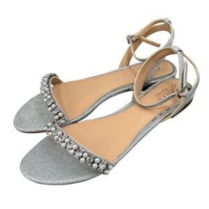 Jewel Badgley Mischka Women's Daria Silver Sparkle Bling Flat Sandals Size 8 New